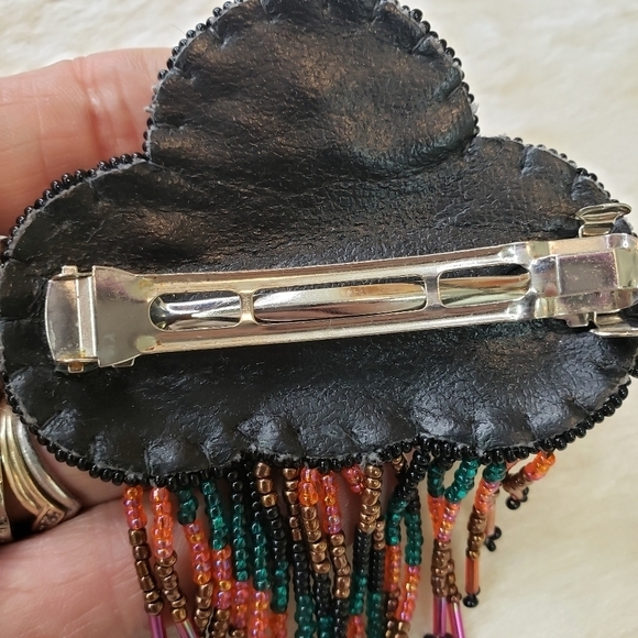 HANDMADE Beaded Quadruple Medallion Barrette with Fringe Teal - Picture 4 of 7